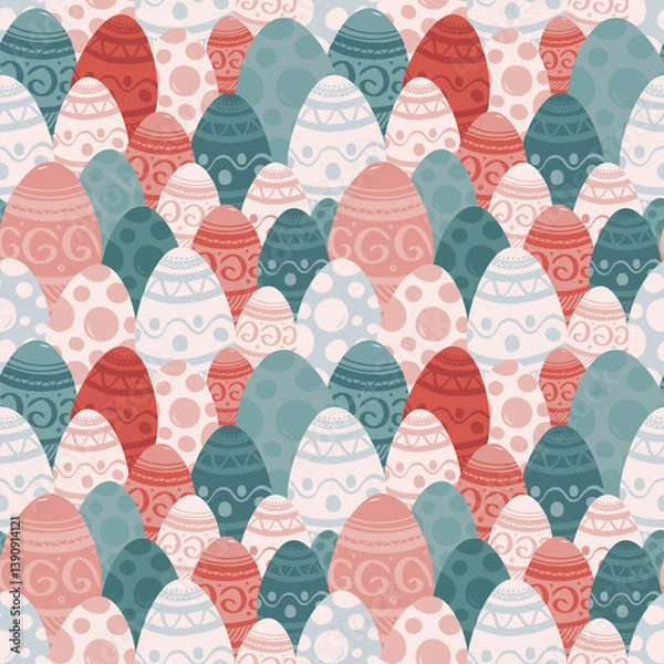 Obraz Vector seamless pattern of many colorful Easter eggs icons all over design. Holiday elements set. Simple cartoon background. Cute hand drawn festive art. Funny kids print for packaging, textile, card