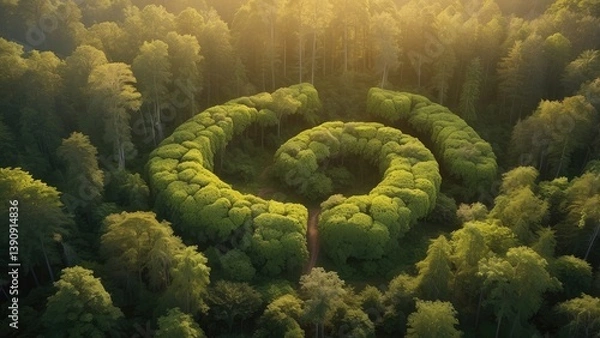 Obraz A dense, vibrant green forest with a large recycle symbol