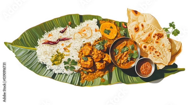 Fototapeta South Indian festive meal with rice, curry, poppadum, and chutneys served on banana leaf isolated on a white background, png