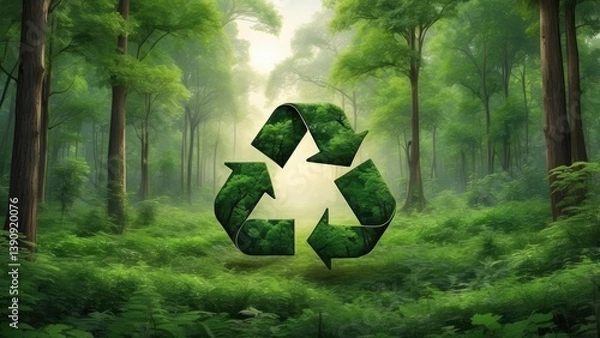 Obraz A dense, vibrant green forest with a large recycle symbol