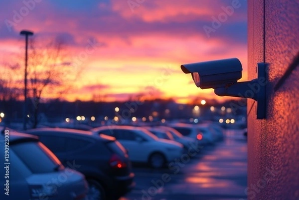 Fototapeta Security camera at dusk over a parking lot