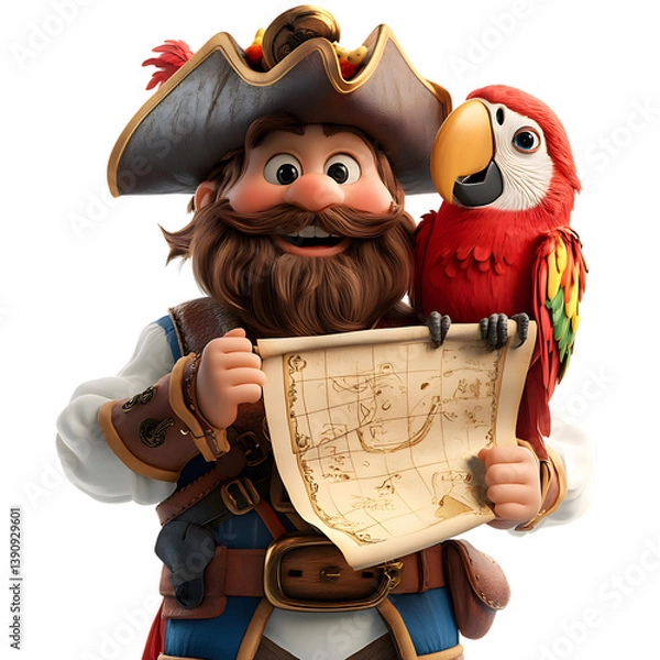 Obraz A Fluffy 3D Cartoon Pirate with Parrot and Treasure Map Isolated on Transparent Background