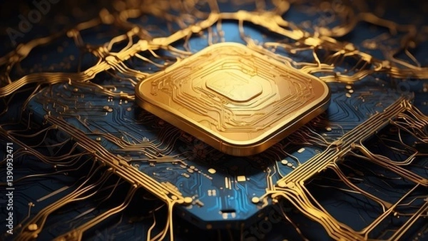 Obraz Close-up of a futuristic microchip with glowing circuits on a dark blue and black circuit board.
