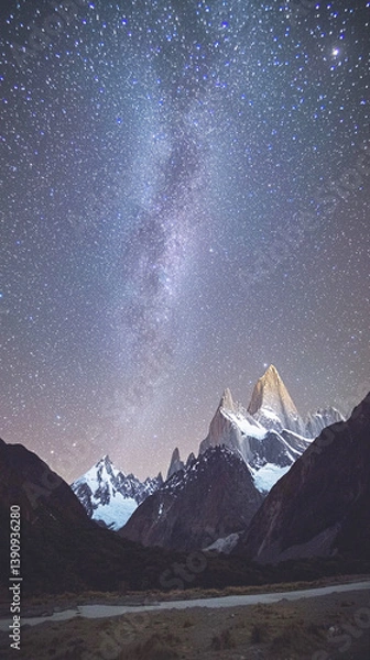 Obraz 縦型の満天の星空と雪山が広がる夜の自然風景
