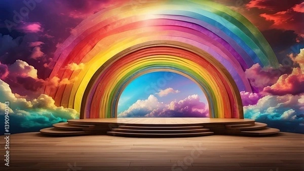 Obraz multi-tiered wooden stage set against a dramatic sky with a vibrant rainbow arching above and colorful clouds