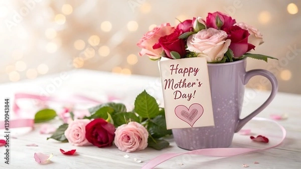 Fototapeta Happy mother's day card with pink and red roses in a purple mug with ribbon and bokeh background