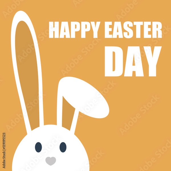 Fototapeta Cute happy easter day bunny in flat style on orange background.Happy easter day greeting card with funny cartoon rabbit character.