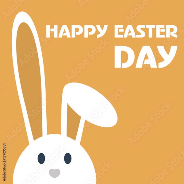 Fototapeta Cute happy easter day bunny in flat style on orange background.Happy easter day greeting card with funny cartoon rabbit character.
