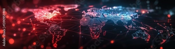Fototapeta Futuristic Cyberpunk World Map Visualization with Neon Lights and Network Connections