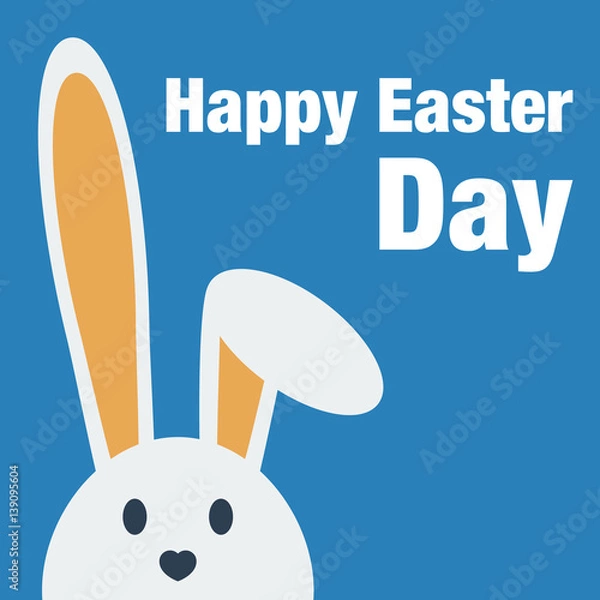 Fototapeta Cute happy easter day bunny in flat style on blue background.Happy easter day greeting card with funny cartoon rabbit character.