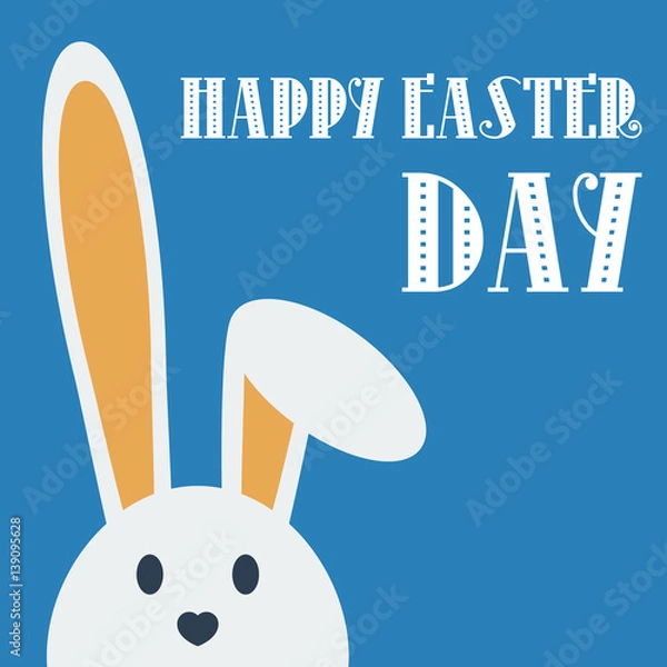 Fototapeta Cute happy easter day bunny in flat style on blue background.Happy easter day greeting card with funny cartoon rabbit character.