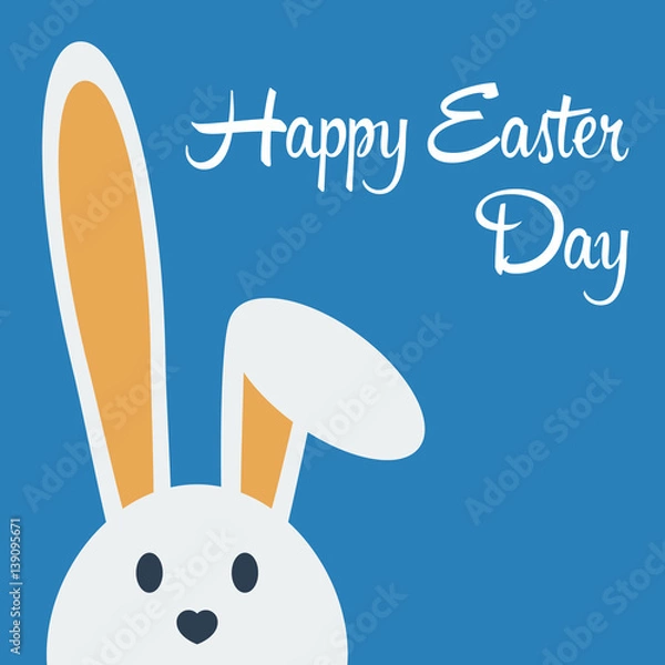 Fototapeta Cute happy easter day bunny in flat style on blue background.Happy easter day greeting card with funny cartoon rabbit character.