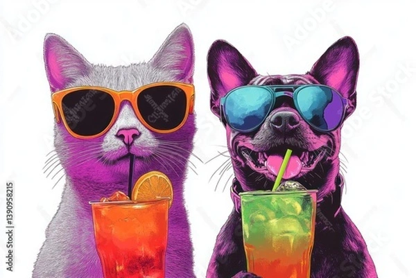 Fototapeta Cat and Dog in Sunglasses Enjoying Cocktails Hugging Each Other on White Background
