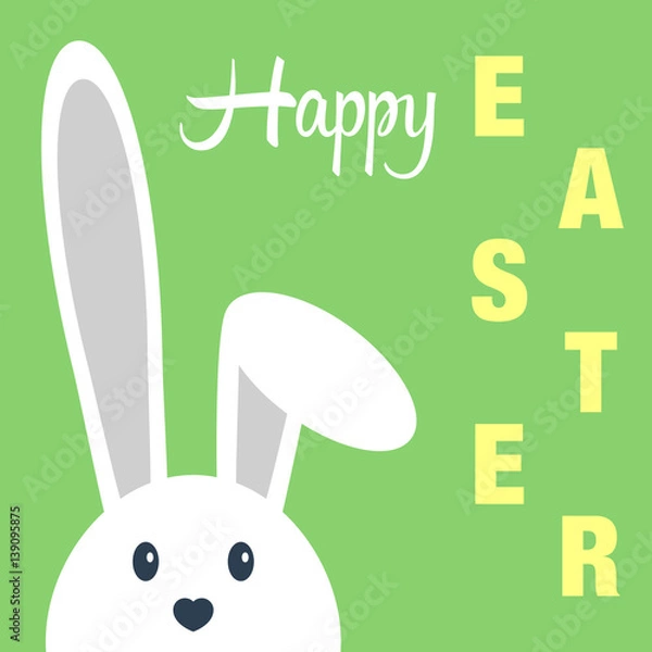 Fototapeta Cute happy easter day bunny in flat style on green background.Happy easter day greeting card with funny cartoon rabbit character.