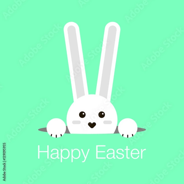 Fototapeta Cute  little rabbit cartoon character looking out of a hole for your easter day greeting card design.Easter day greeting card design with flat little bunny character looking out of a hole.