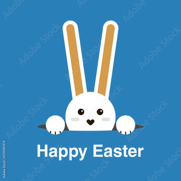 Fototapeta Cute  little rabbit cartoon character looking out of a hole for your easter day greeting card design.Easter day greeting card design with flat little bunny character looking out of a hole.