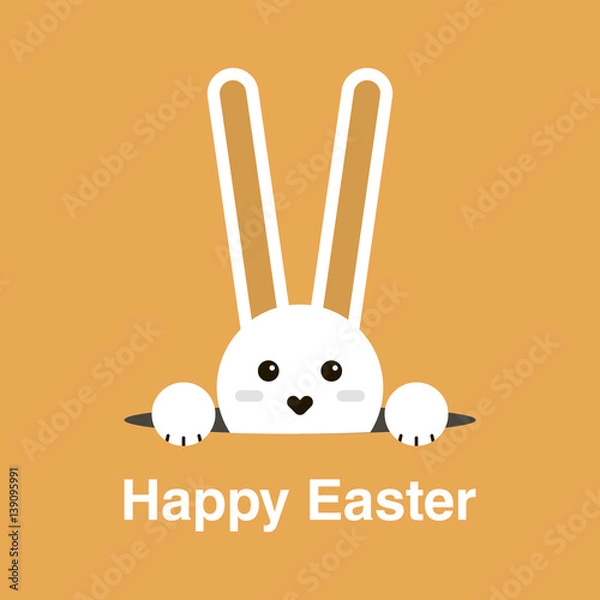 Fototapeta Cute  little rabbit cartoon character looking out of a hole for your easter day greeting card design.Easter day greeting card design with flat little bunny character looking out of a hole.