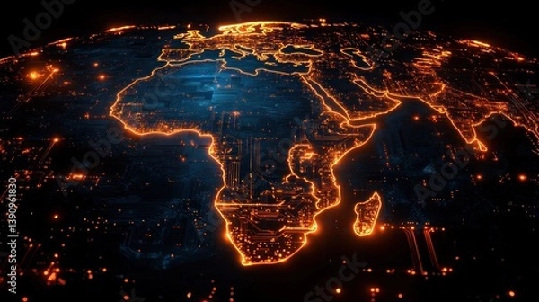 Fototapeta Digital neon globe of Earth showcasing Africa in cyberpunk style with glowing lines and intricate circuits