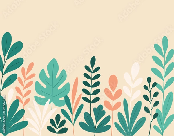 Fototapeta Flat vector illustration of abstract tropical leaves in green, peach, and cream tones arranged along the bottom on a beige background