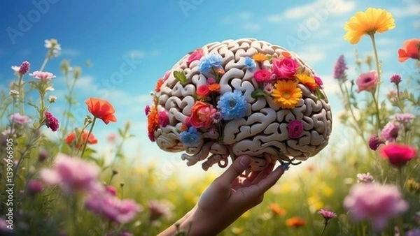 Obraz Hands holding a model of a human brain adorned with vibrant