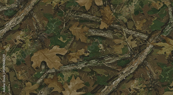 Fototapeta Autumn woodland camouflage pattern showcasing a dense tapestry of fallen leaves, branches, and undergrowth in earthy greens, browns, and tans.