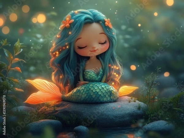 Fototapeta Mermaid Sitting on a Rock in Ocean Fairy Tale Sea Illustration for Children with Cute Cartoon Characters and Vibrant Colors