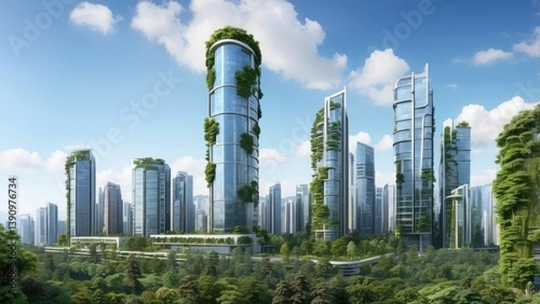Obraz A low-angle view of tall, reflective glass skyscrapers framing a vibrant green tree