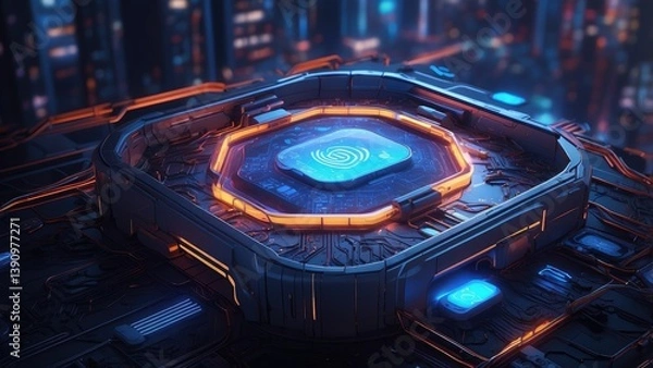 Obraz A digital futuristic representation of cybersecurity showcasing a black padlock at the center