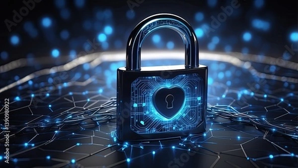 Obraz A digital futuristic representation of cybersecurity showcasing a black padlock at the center