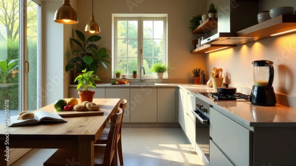 Fototapeta Wooden table in a kitchen