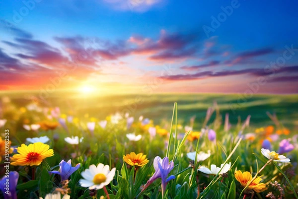 Obraz spring meadow with flowers at sunset, nature background