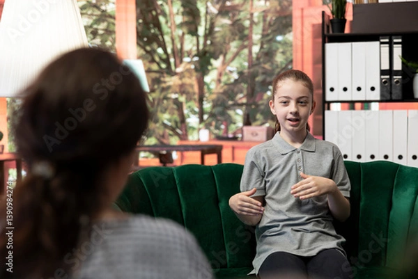 Fototapeta Adolescent undergoing behavioral therapy to address anxiety and social issues. Session with an expert focuses on emotional management while addressing cyberbullying. Troubled teen.