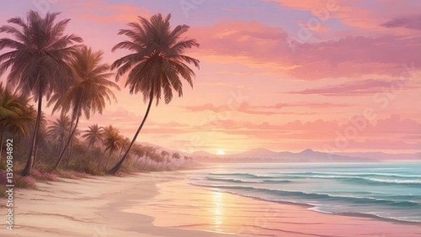Obraz A serene beach scene with white sand, gentle waves