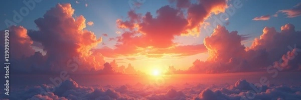 Fototapeta A breathtaking sunset panorama showcasing vibrant colors and dramatic clouds, perfect for travel, wellness, or nature-related projects.