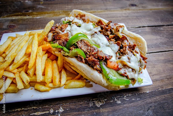 Fototapeta meat lover steak and cheese sandwich, served with a side of French fries and topped with melted cheese and grille peppers.