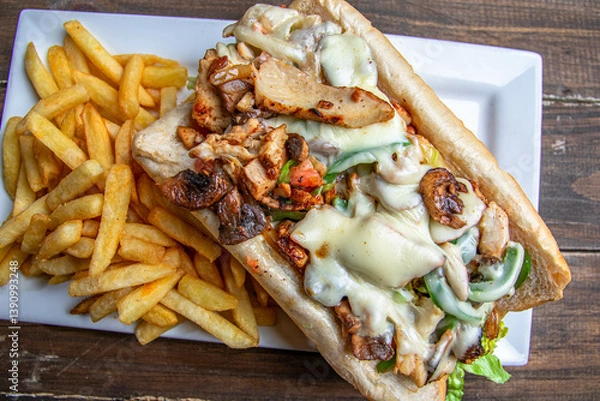 Fototapeta grilled chicken sub sandwich with side of French fries and topped with tasty melted cheese and grilled pepper.