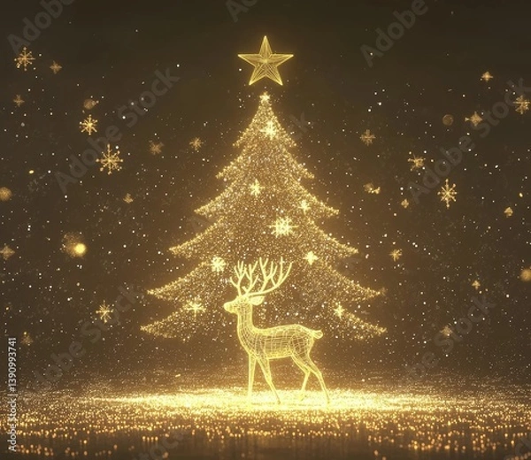Fototapeta Sparkling Golden Christmas Tree with Deer and Starry Background