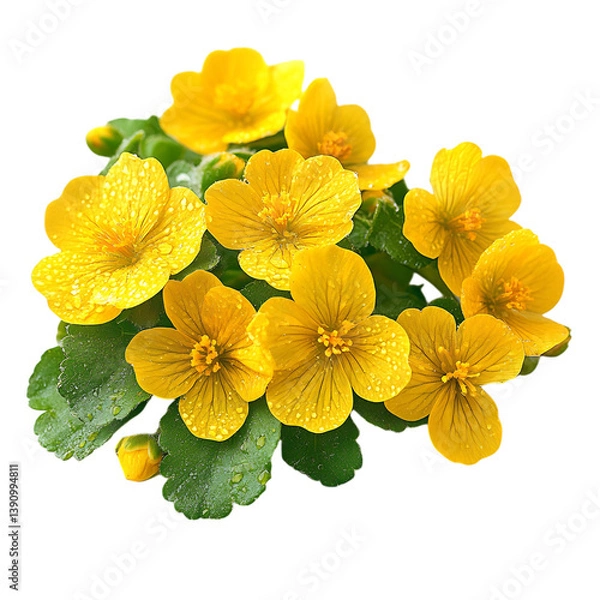 Fototapeta A Cluster of Small Vibrant Yellow Marsh Marigolds Isolated on Transparent Background