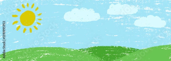 Obraz Grass and sky background. Crayon kid landscape with spring field. Vector green grass, flower, blue sky, cloud child wax pastel painting. Spring nature meadow landscape crayon illustration background