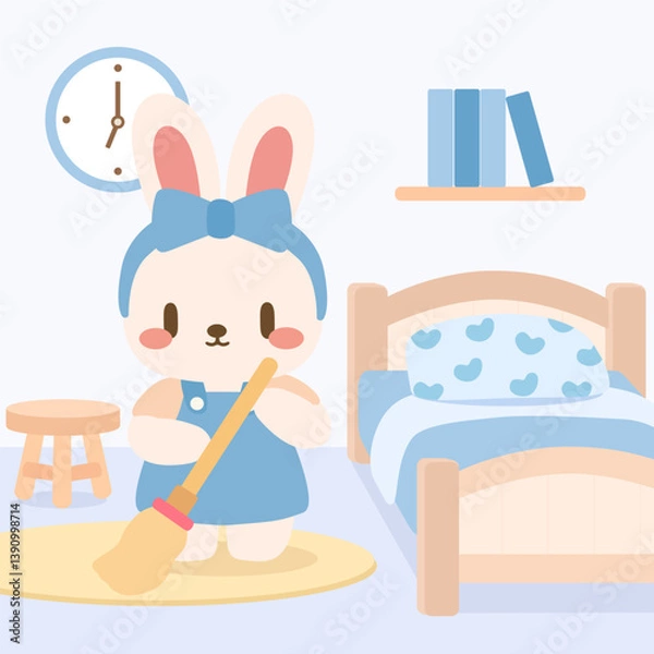 Fototapeta Adorable Rabbit Sweeping Room Cozy Cartoon Scene. Kawaii Bunny Doing Housework in Pastel Bedroom.