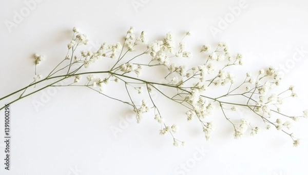 Fototapeta Delicate, small white flowers on a light green stem.  Soft, airy, and minimalist arrangement