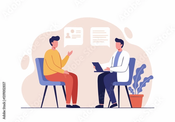 Fototapeta A doctor consults with a young man in a modern office setting. The scene conveys a professional and supportive atmosphere. Clean, bright, and approachable.