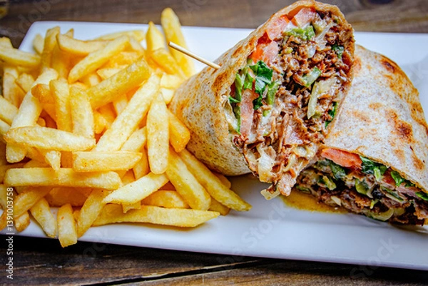 Fototapeta grilled steak and cheese wraps with side of French fries and melted cheese inside.