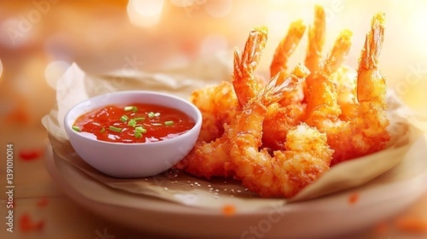 Fototapeta Creative ebi fry from Japan with crispy battered shrimp and a tangy dipping sauce captured in a dynamic high resolution street food style