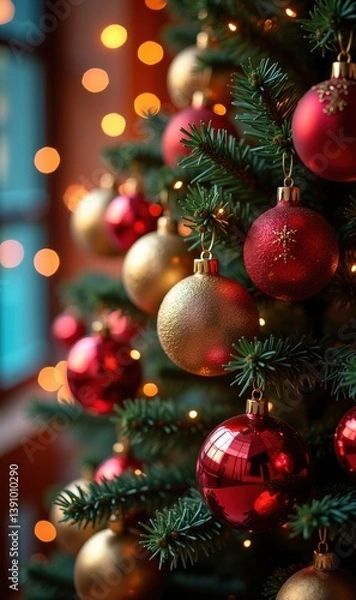 Fototapeta Festively adorned Christmas tree with red and gold ornaments, creating a warm holiday atmosphere perfect for seasonal marketing and decorations.
