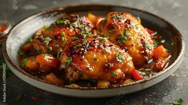 Fototapeta Creative plate of Turkish spiced apricot chicken from Turkey with a rich glaze and vibrant presentation styled in a refined high resolution gourmet food photography scene