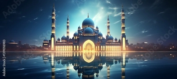 Fototapeta Mosque domes and minarets in arabic architectural style and arches in the foreground , ai generative