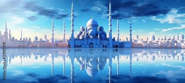 Fototapeta Mosque domes and minarets in arabic architectural style and arches in the foreground , ai generative