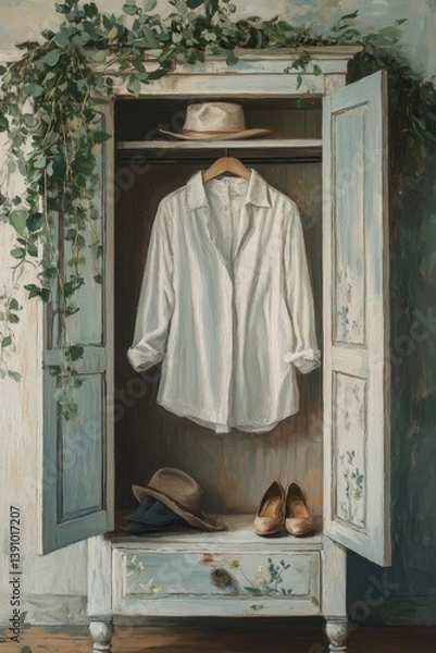 Fototapeta Vintage Wardrobe with Open Door Displaying White Shirt Hat and Shoes in Shabby Chic Interior with Ornate Painted Wood Texture and Rustic Charm