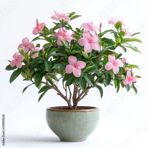 Fototapeta Small Oleander Shrub in a Ceramic Pot with Pink Flowers Isolated on White Background in Studio Lighting